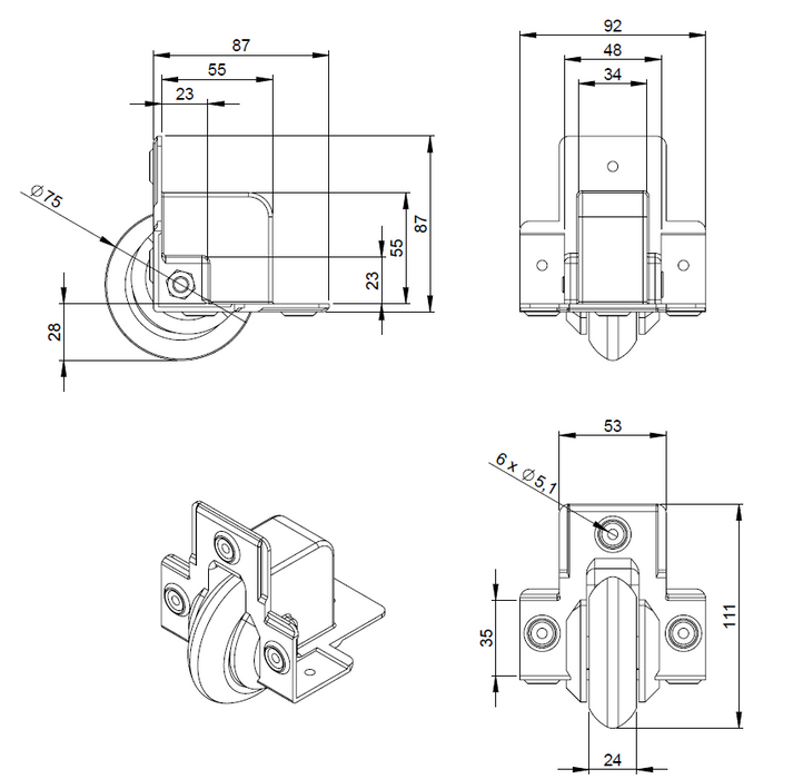 Adam Hall Hardware Recessed Edge Castor 75mm