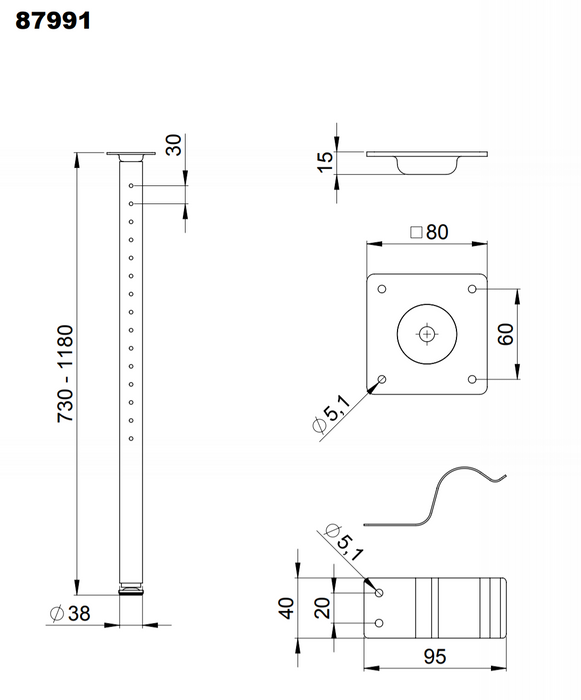 Adam Hall Hardware Telescopic Table Leg Set 73 - 118 cm