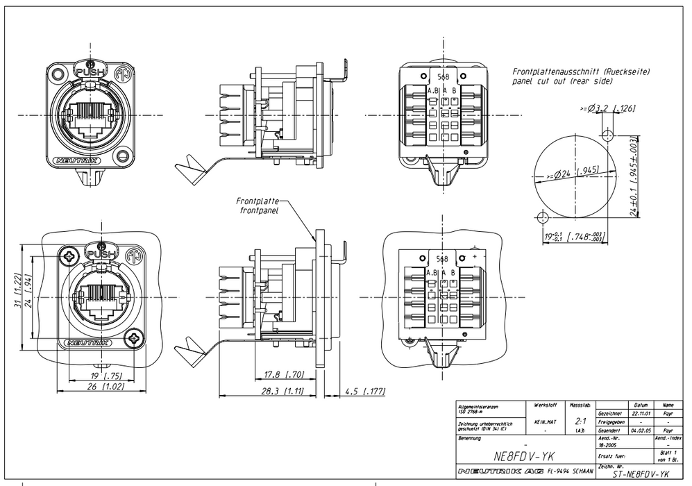 EtherCON RJ45 IDC Krone Cat.5 Chassis connector, Neutrik NE8FDV-YK