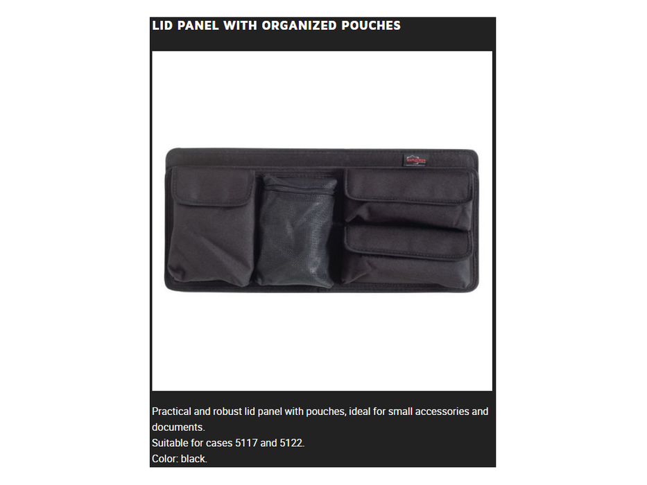 PLASTIC CASES ACCESSORY LID Panel With ORGANIZED POUCHES for 5117-5122 Plastic Cases
